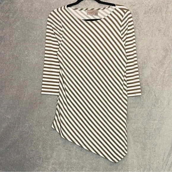 CHICOS 0 S Small Top Shirt Brown Striped 3/4 Sleeve Round Neck Stretch Casual - Picture 1 of 5